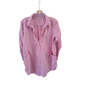 Dolma Womens Linen Pink Rose Long-Sleeve Linen Tunic Top Shirt Pockets L Summer
